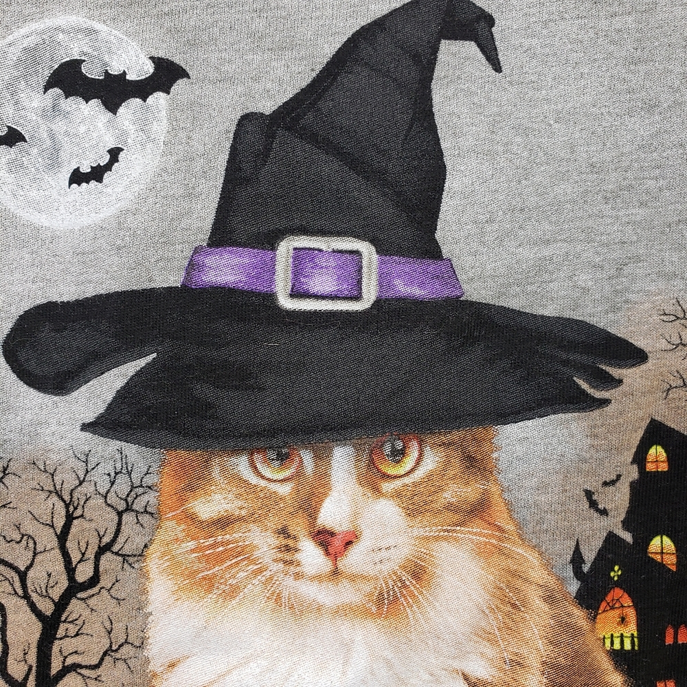 Celebrate Halloween witch cat with haunted house & pumpkins graphic tshirt Sz M - Picture 3 of 6